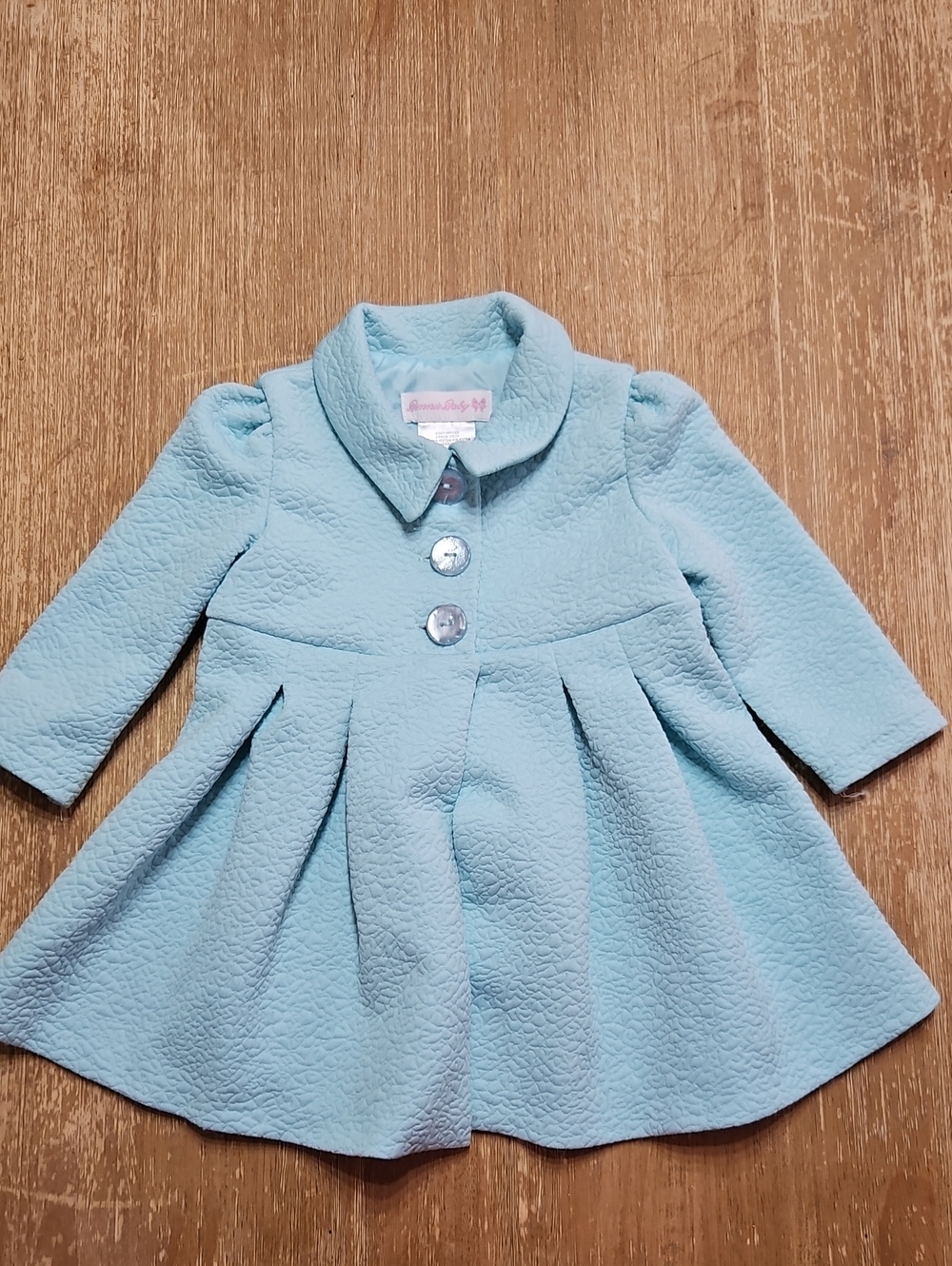 Bonnie Baby Light Blue Pleated Pea Coat with Decorative Buttons